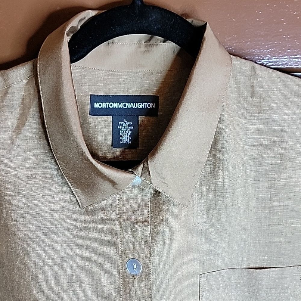 Norton McNaughton-Linen/Rayon tan colored shirt with 3/4 sleeves. L. NWT. - Picture 4 of 12